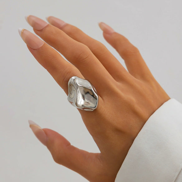 Metal Geometric Pleated Concaveconvex Open Finger Ring For Women With Electroplating