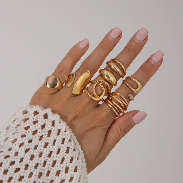 Metal Geometric Pleated Water Drop Ring Set For Women With Electroplating Design And Hiphop Style