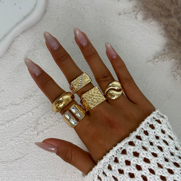 Metal Geometric Pleated Water Drop Ring Set For Women With Electroplating Design And Hiphop Style