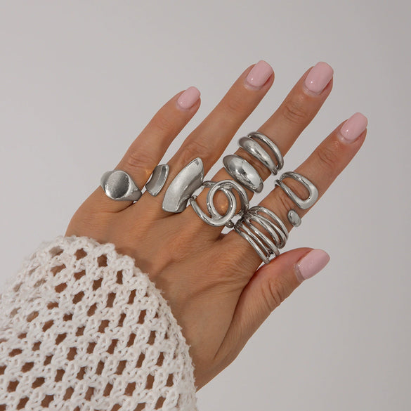 Metal Geometric Pleated Water Drop Ring Set For Women With Electroplating Design And Hiphop Style