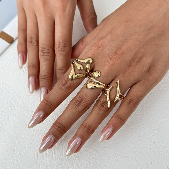 Metal Geometric Pleated Water Drop Ring Set For Women With Electroplating Design And Hiphop Style