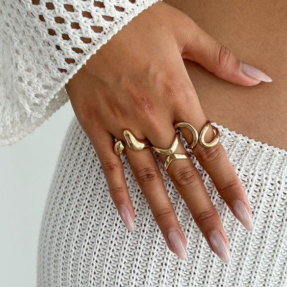 Metal Geometric Pleated Water Drop Ring Set For Women With Electroplating Design And Hiphop Style