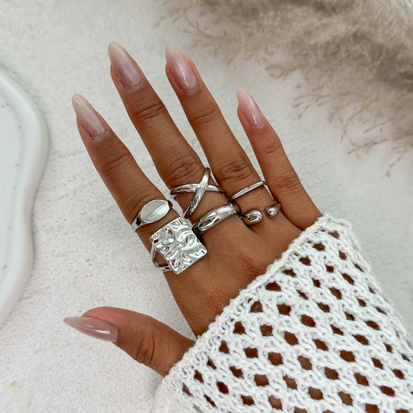 Metal Geometric Pleated Water Drop Ring Set For Women With Electroplating Design And Hiphop Style