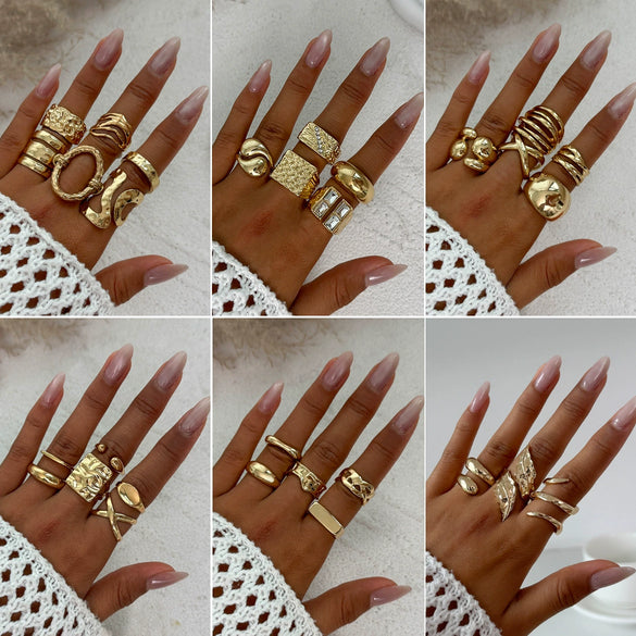 Metal Geometric Pleated Water Drop Ring Set For Women With Electroplating Design And Hiphop Style