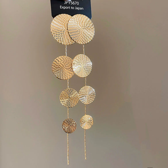 Metal Geometric Round Texture Tassel Stud Earrings For Women With Electroplating Design
