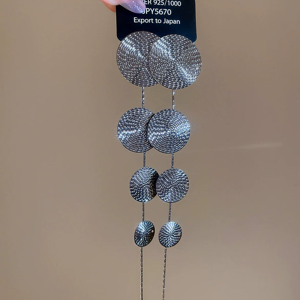 Metal Geometric Round Texture Tassel Stud Earrings For Women With Electroplating Design