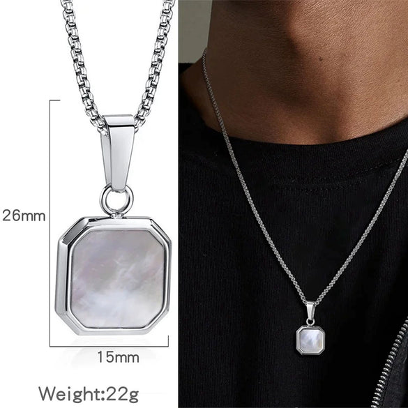 Metal Geometric Square Pendant Necklace Black And White Shell Electroplating Minimalist Men's