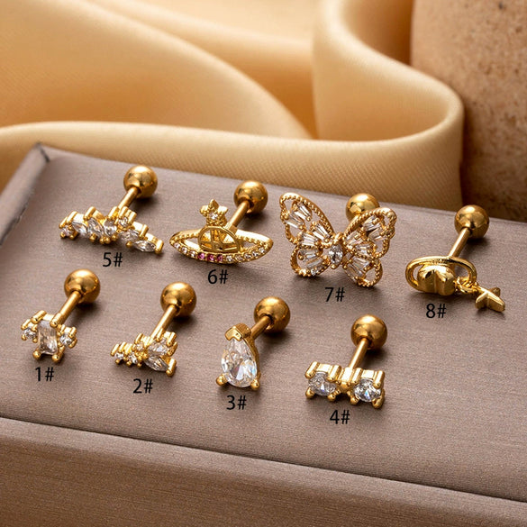 Metal Geometric Titanium Steel Screw Ball Piercing Ear Nail Earrings With Electroplating For Women