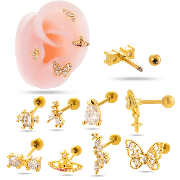 Metal Geometric Titanium Steel Screw Ball Piercing Ear Nail Earrings With Electroplating For Women
