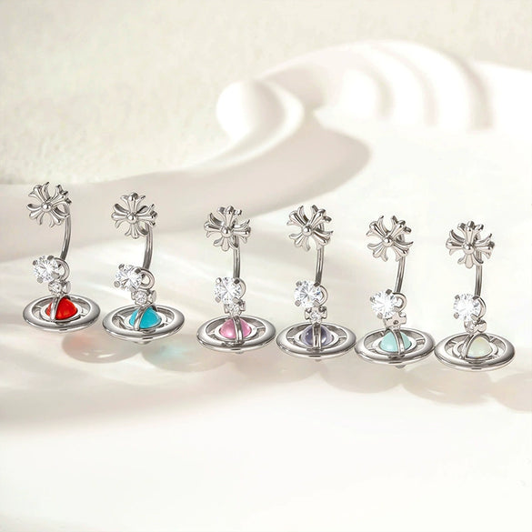 Metal Geometric Zirconia Planet Pendant Women's Fashion Piercing Earrings