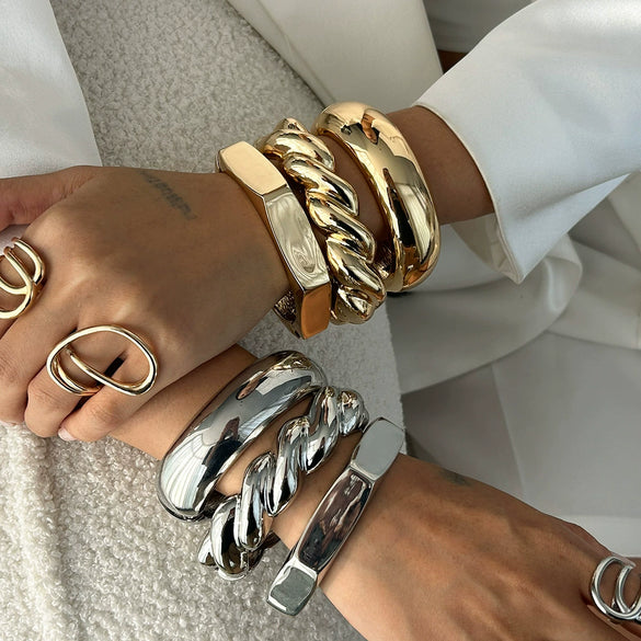 Metal Glossy Thread Stacked Geometric Sixsided Mirror Bracelet Retro Electroplated
