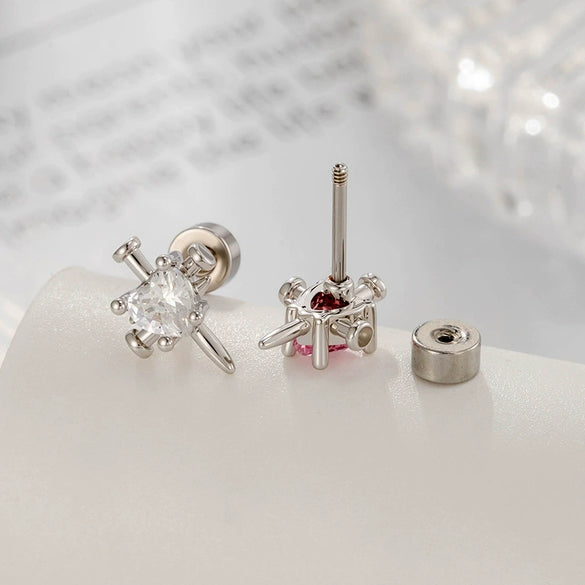 Metal Heart Shape Zircon Set Piercing Earrings