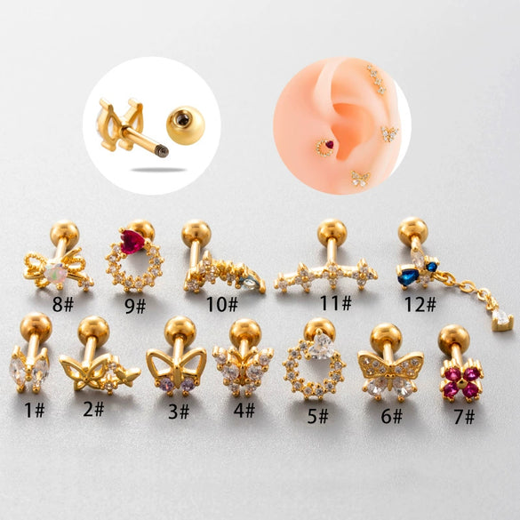 Metal Heart Styling Electroplated Double Head Screw Butterfly Ear Bone Nail For Women