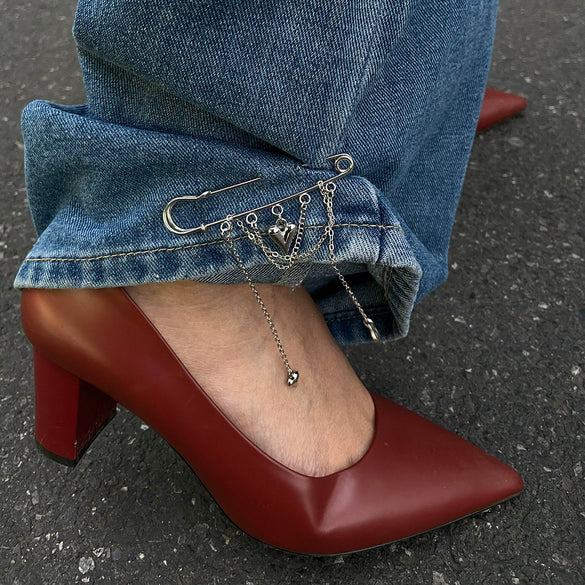 Metal Heartshaped Pendant Trouser Leg Chain Decoration Shortening Pin Brooch For Women Casual Style