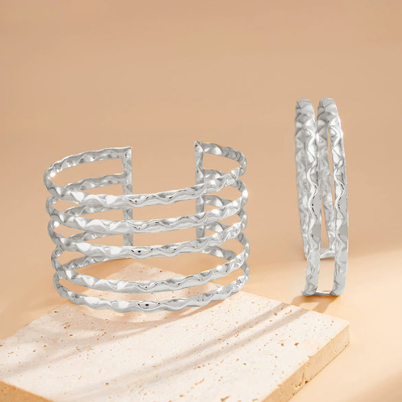 Metal Hollow Wave Geometric Open Arm Bracelet For Women Hip Hop Punk Style Electroplated