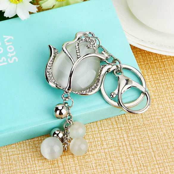 Metal Keychain With Rhinestone Moonstone Tulip And Rose Design For Women