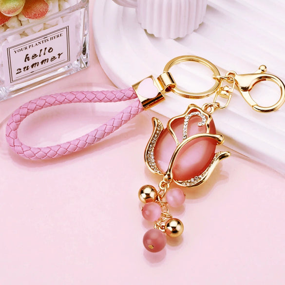 Metal Keychain With Rhinestone Moonstone Tulip And Rose Design For Women