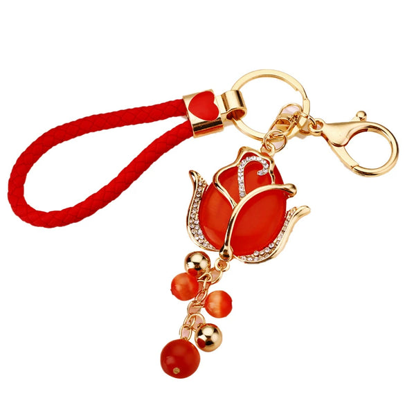 Metal Keychain With Rhinestone Moonstone Tulip And Rose Design For Women
