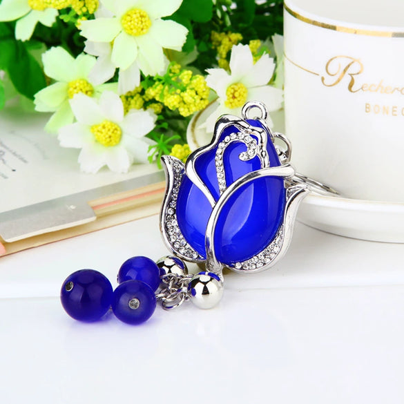 Metal Keychain With Rhinestone Moonstone Tulip And Rose Design For Women