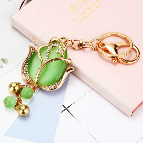 Metal Keychain With Rhinestone Moonstone Tulip And Rose Design For Women