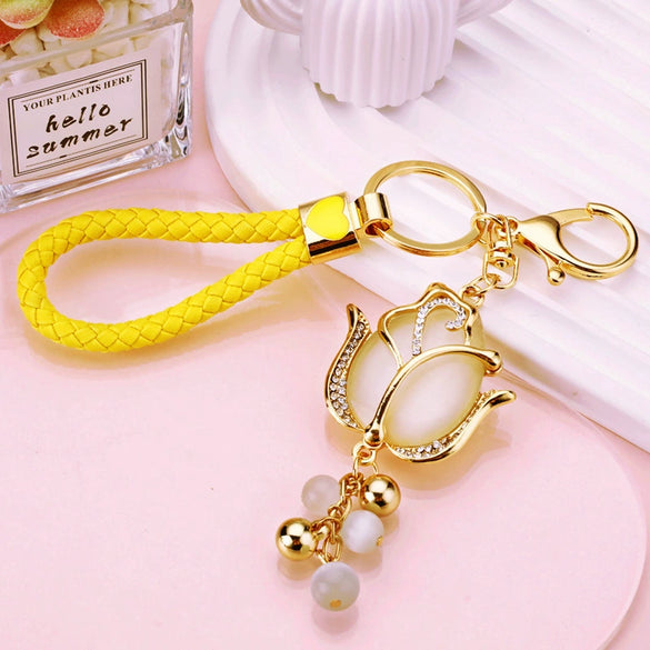 Metal Keychain With Rhinestone Moonstone Tulip And Rose Design For Women