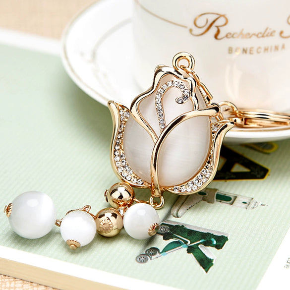 Metal Keychain With Rhinestone Moonstone Tulip And Rose Design For Women