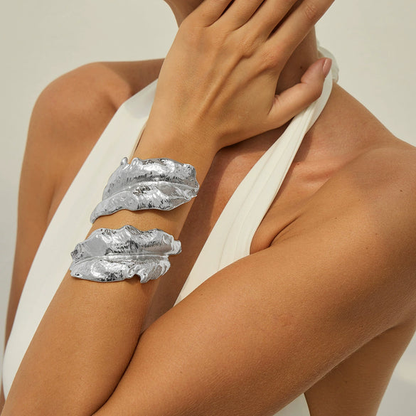 Metal Leaf Winding Exaggerated Wide Spring Opening Bracelet For Women Iron Electroplated Highend Design