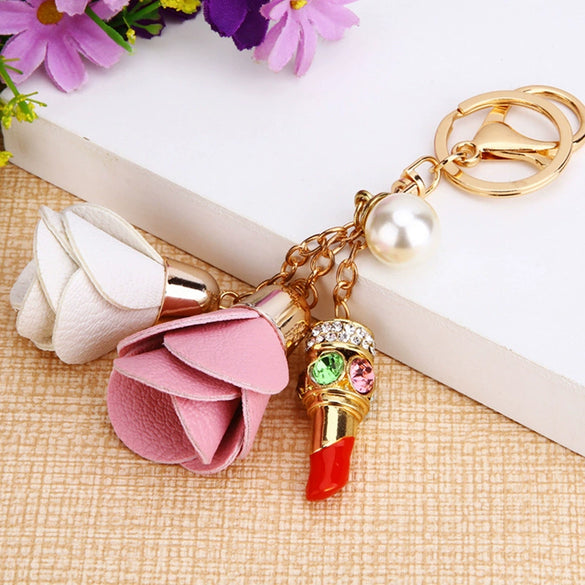Metal Lipstick High Heels Car Keychain Women's Bag Pendant With Diamond For Gifts
