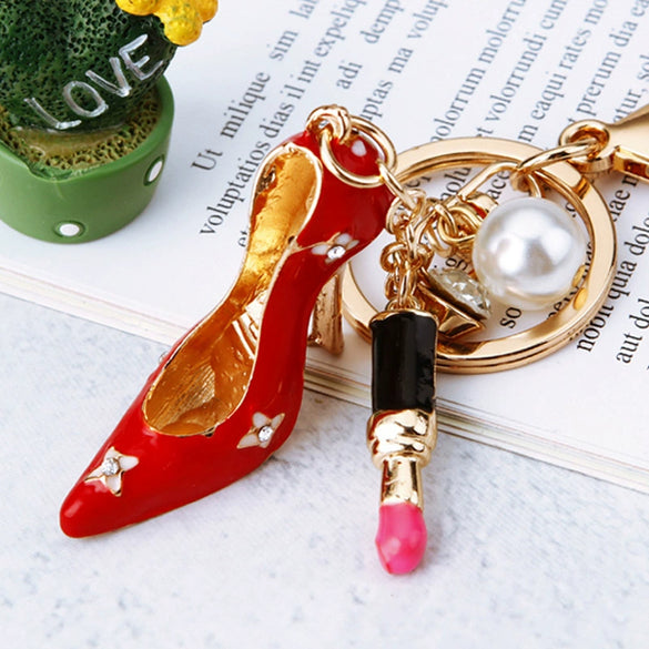 Metal Lipstick High Heels Car Keychain Women's Bag Pendant With Diamond For Gifts