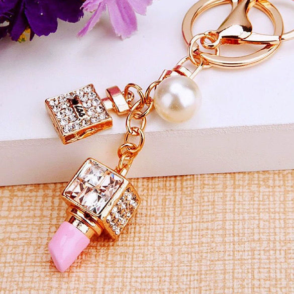 Metal Lipstick High Heels Car Keychain Women's Bag Pendant With Diamond For Gifts