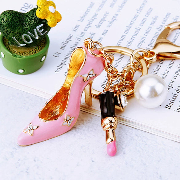 Metal Lipstick High Heels Car Keychain Women's Bag Pendant With Diamond For Gifts