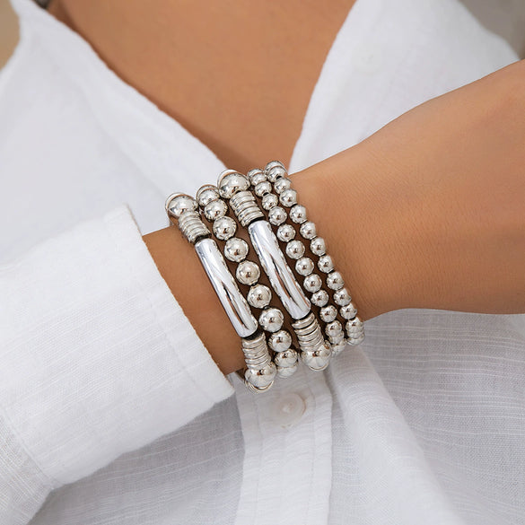 Metal Love Pendant Beaded Bracelet Set Electroplated Iron Heart Shape Women's Geometric Style