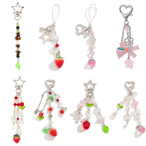 Metal Loveshaped And Starshaped Strawberry And Tulip Pendant Keychain And Mobile Phone Chain With Electroplating