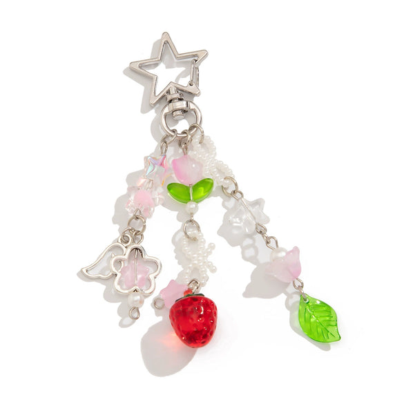 Metal Loveshaped And Starshaped Strawberry And Tulip Pendant Keychain And Mobile Phone Chain With Electroplating