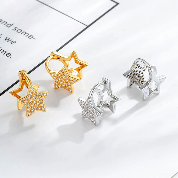 Metal Microencrusted Zircon Fivepointed Star Geometric Sweet Style Electroplated Women's Earrings