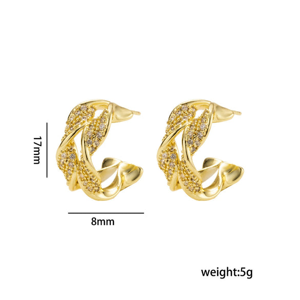 Metal Microinlaid Zircon Retro Twist Cshaped Women's Earrings With Silver Needles And Electroplating