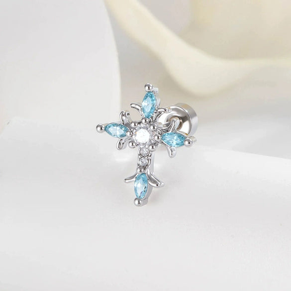 Metal Micropaved Zircon Cross Couple Piercing Earrings