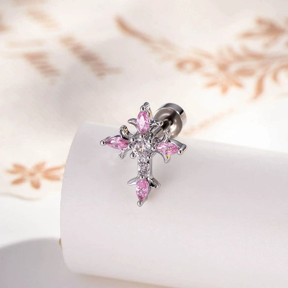 Metal Micropaved Zircon Cross Couple Piercing Earrings