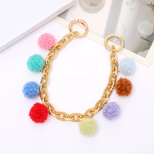 Metal Multicolor Fluffy Ball Beaded Mobile Phone Lanyard Keychain Pendant Replacement Chain Semimanual