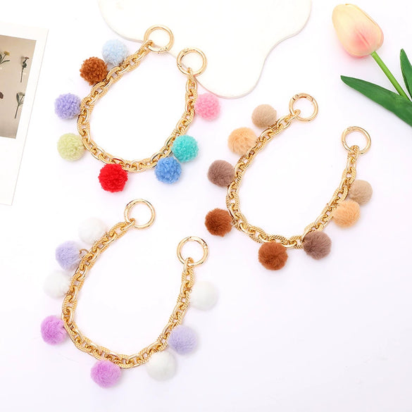 Metal Multicolor Fluffy Ball Beaded Mobile Phone Lanyard Keychain Pendant Replacement Chain Semimanual