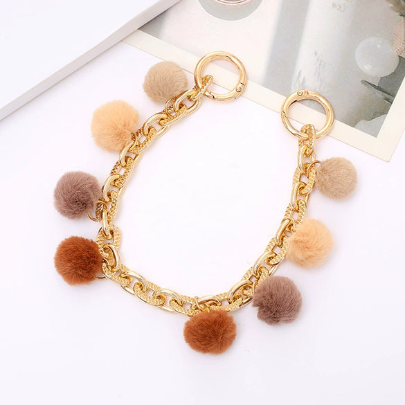 Metal Multicolor Fluffy Ball Beaded Mobile Phone Lanyard Keychain Pendant Replacement Chain Semimanual
