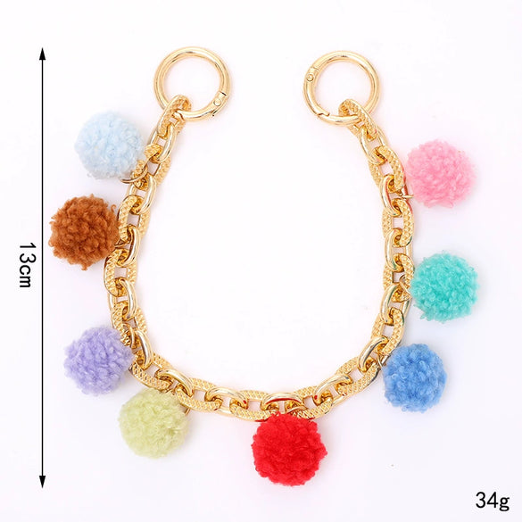 Metal Multicolor Fluffy Ball Beaded Mobile Phone Lanyard Keychain Pendant Replacement Chain Semimanual