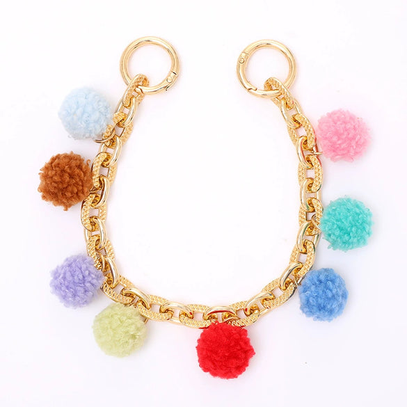 Metal Multicolor Fluffy Ball Beaded Mobile Phone Lanyard Keychain Pendant Replacement Chain Semimanual