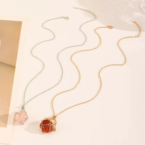 Metal Net Pocket Necklace With Geometric Pattern And Electroplated Iron Pendant For Women