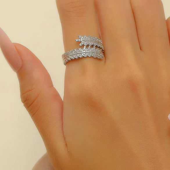 Metal Open Leaf Design Women's Bracelet Ring Jewelry Set With Electroplating
