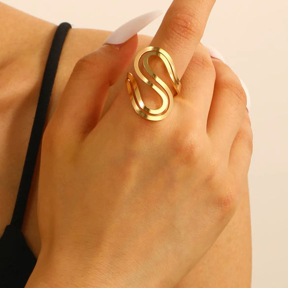 Metal Open Leaf Design Women's Bracelet Ring Jewelry Set With Electroplating