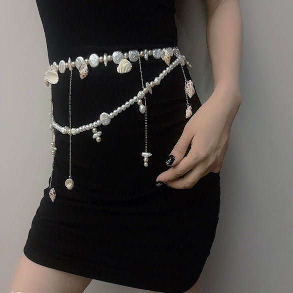 Metal Pearl Shell Waist Chain For Women Layered Tassel Multilayer Body Chain Belt Dualuse Necklace