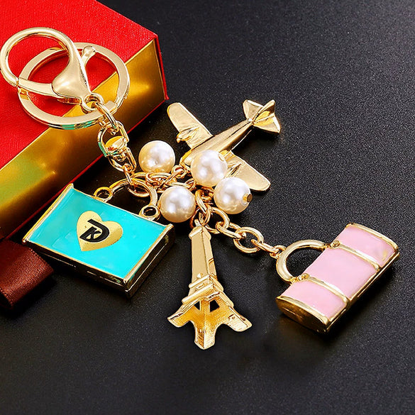 Metal Pearl Small Fragrant Style Key Chain Ring For Women As Bag Pendant