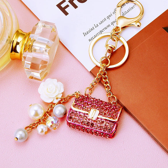 Metal Pearl Small Fragrant Style Key Chain Ring For Women As Bag Pendant