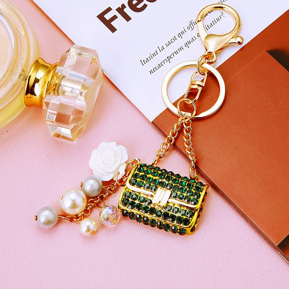 Metal Pearl Small Fragrant Style Key Chain Ring For Women As Bag Pendant